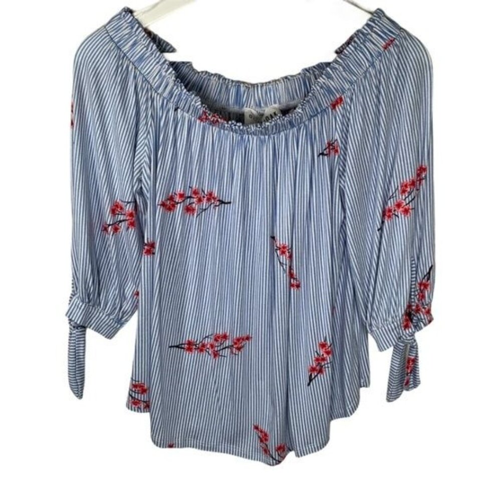 Olive + Oak Off Shoulder Peasant Blouse XS Blue White Stripe Floral Boho Top